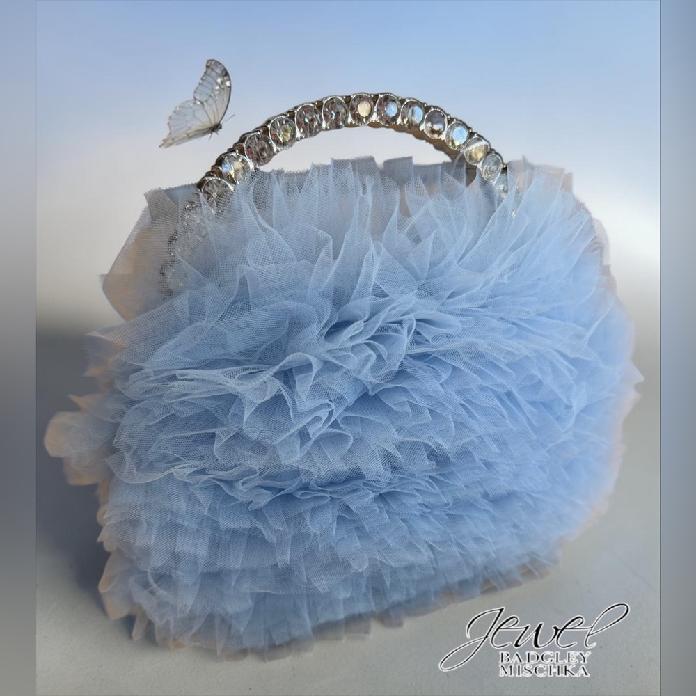 Jewel Badgley Mischka JAZZIE Blue Ruffle Evening Clutch with Crystal Handle NEW!
